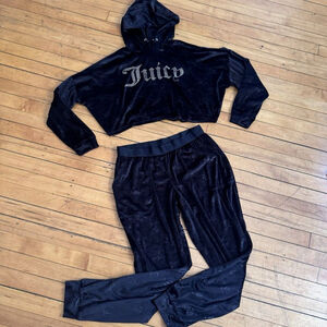 JUICY COUTURE SLEEPWEAR Women Size Small VELOUR Set Hooded Top & Bottom Black